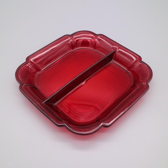 Vintage Mid Century Ruby Red Glass Square Divided Plate Server - Picture 4 of 6